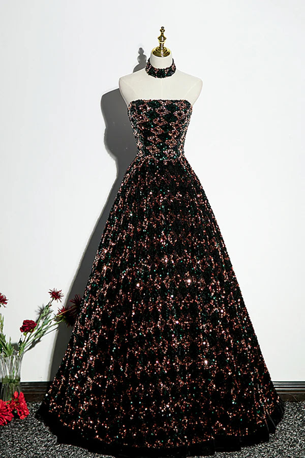 Wholesale Stylish Sequins Long A-Line Prom Dress Shiny Strapless Evening Dress